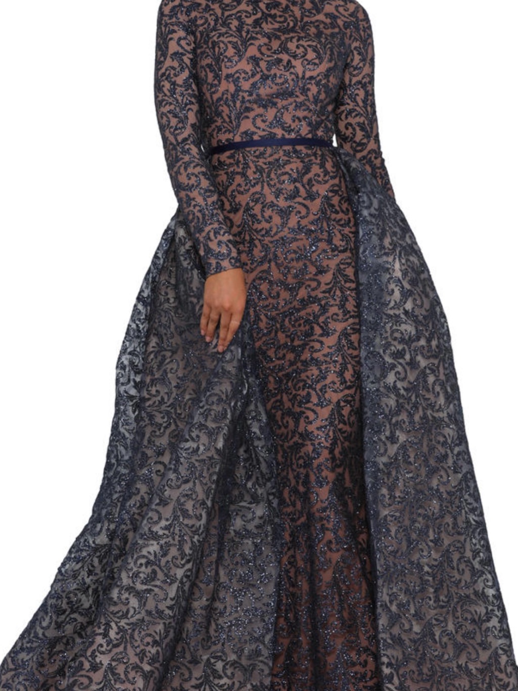 Navy Lace Overlay Long Sleeve Evening Gown